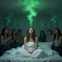 a woman sitting up in bed at night [ [ [ looking ] ] ] at the ceiling, covered in blankets, green smoke!!!!! surreal concept art, lifelike, photorealistic, digital painting, aesthetic, smooth, sharp focus, artstation hd, artgerm and by greg rutkowski, bruce pennington, valentina remenar, rhads, asher duran,
