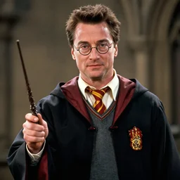 Arnold Schwarzenegger as Harry Potter, holding wand, glasses, 4k movie screen capture, high detail