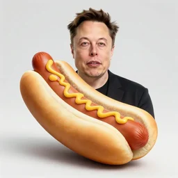 studio photograph of Elon Musk dressed as a hot dog