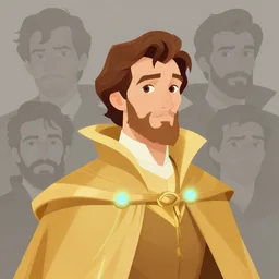 fantasy warlock gentleman, golden cloak, neon accents, soft lighting, desaturated headshot portrait vector painting by norman rockwell, john berkey, donato giancola, alphonse mucha, pixar