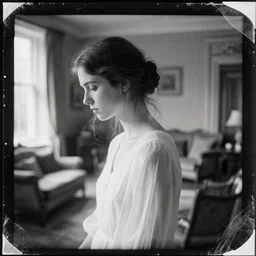 a double exposure of a beautiful side view portrait from above of a solemn young woman looking down, apparition, ghostly, white dress, with an estate agent photo of a stately home living room, scratched photo, damaged edges, old, black and white damaged photo