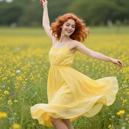 a happy woman with copper hair and a flowing yellow sundress dancing in a field of wildflowers, with cute - fine - face, pretty face, realistic shaded perfect face, fine details by realistic shaded lighting poster by ilya kuvshinov katsuhiro otomo, magali villeneuve, artgerm, jeremy lipkin and michael garmash and rob rey