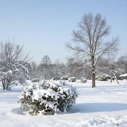 a winter landscape with shrubs and trees on a clear day, in neoclassicism style