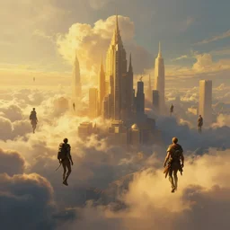 cyberpunk, people flying in the sky and through volumetric clouds, atmospheric lighting, painted, intricate, golden hour, ultra detailed by peter gric, giger, enki bilal