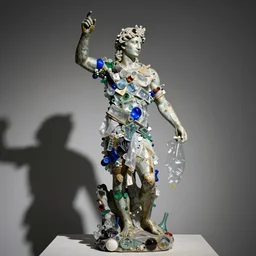 “Dionysus statue made of pieces of glass and plastic bags, detailed but rough, 4k photo, great light and shadows, Sony 35mm”
