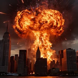 a photograph photo of new york city being scorched by holy fire from the sky and meteors, new york city being obliterated by explosions