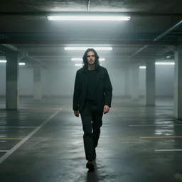 jonny greenwood composer, long black hair, walking in liminal space interior parking lot, misty, liminal, fluorescent, award - winning photograph, landscape, high detail, dramatic lighting, ultrafine detail, chiaroscuro, private press, associated press photo, masterpiece