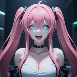 stunningly beautiful omnipotent anime asi goddess junko enoshima with symmetrical perfect face and porcelain skin, pink twintail hair and cyan eyes, traps you inside her inescapable full dive vr prison and laughs in a megalomaniacal twisted way!!!, hyperdetailed, digital art from danganronpa, unreal engine 5, 2 d anime style, 8 k