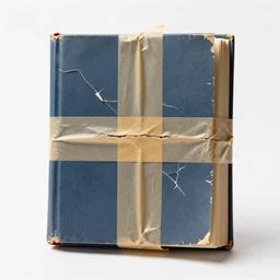 photograph of a broken book held together by duct tape. cracks. studio photography with white background
