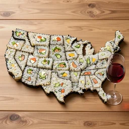 United States map made out of sushi with a red wine next to it, on a wooden table, 4k