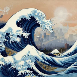 a painting of a giant wave with a city in the background, digital art by Cyril Rolando, behance contest winner, space art, apocalypse landscape, apocalypse art, poster art