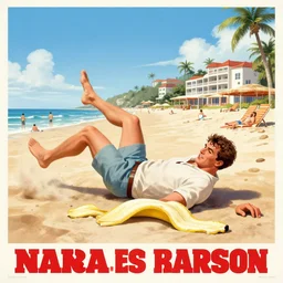 soviet tourism poster for a beach resort depicting charles manson slipping on a banana peel