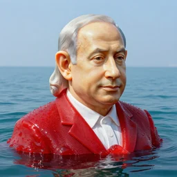 a giant benjamin netanyahu sculpture made out of juicy red jelly on water surface, long shot, hyper detailed, hyper realistic, ray tracing, 8 k resolution, sharp focus, realistic water, award winning