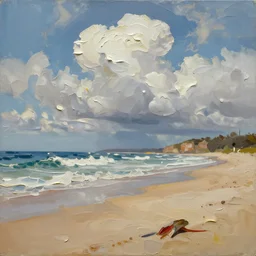 oil paint impasto reliefs, australian beach scene, super realistic, influenced by constables cloud studies, painted with expressive paint and cumulus clouds,