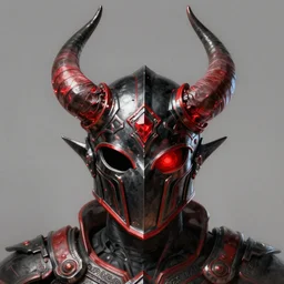 An ornate front facing helm with large horns, Black steel with red trim, pulsing in blood red energy, intricate, elegant, highly detailed, digital painting, artstation, concept art, smooth, sharp focus, illustration, art by anato Finnstark and Peter mohrbacher,