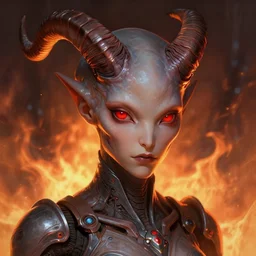 portrait of realistic alien with horns. red eyes, human eyes, background flames, sci - fi, tech wear, volumetric lighting, intricate, elegant, highly detailed, digital painting, artstation, concept art, film noir - h 7 0 4