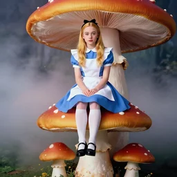 annie leibovitz photoshoot of young dakota fanning as alice from alice in wonderland, sitting on a giant mushroom, vibrant colors, atmospheric, mist, magical, fantasy, studio lighting, soft focus