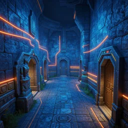 futurepunk dungeon, ancient stone tiling, blue and orange neon lines along the wall, bluestone walls, trending on artstation. the legend of zelda breath of the wild in - game screenshot. absurdly detailed curving hallway with doorways