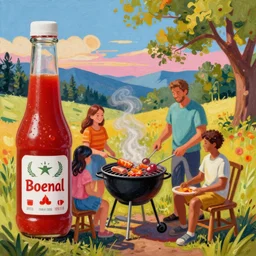 a painting of a family BBQ, made using ketchup, bright colors
