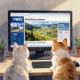 watercolor illustration style, cute! cats watch the news on computer monitor
