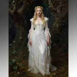 a full length portrait of  mischievous, dangerous young,  Galadriel! (young Cate Blanchett), dressed in a lacy, (((white))) dress.  Pre-Raphaelite oil painting, inspired by Henry Meynell Rheam: The Fairy Wood