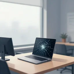 editorial illustration by karolis strautniekas and mads berg, office interior, laptop with a shattered monitor, near a window window, fog, fine texture, detailed, muted colors, dramatic lighting, dynamic composition, vivid, matte print, wide angle, ( ( sunbeams ) ), moody