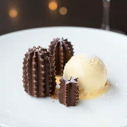 a fine dining dessert plate of spiky chocolate cactus and ice cream, sugar sprinkled, food photography, michelin star, fine dining, bokeh