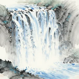 an endless waterfall, painted with a thin brush, blue colour splash, detailed sumi-e illustration