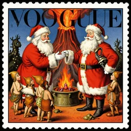 illustration: vogue designer Santa Claus Sacrificing the Elves to a Volcano God Altar giorgio de chirico marc simonetti norman rockwell postcard stamp