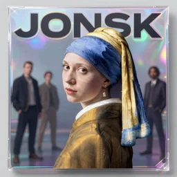 Vermeer photographed photorealistic vfx movie cyberpunk aesthetic the band JONSK album holographic cover art of a giant mech warrior. 3D octane