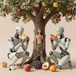 minimalist hyperdetailed photorealistic cyborgs under a big tree, eating interesting elaborate fruits. in the style of Caravaggio and Paul Gauguin, with liberty cyberpunk and flemish baroque mixed media elements. beautiful!!!!!!! hyperrealistic soft pastel tones. matte background HD 8x