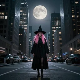 conceptual photography of an urban witch in a cloak with pink hair is standing on the city road among skyscrapers with gloomy lighted windows under the full moon movie poster style