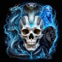 portrait tribal cosmic water skull, ancient power, black mamba, water dragon, blue widow, black lioness, plasma halo, intricate artwork by artgerm, greg rutkowski, and kilian eng, symmetrical!!! digital illustration, hyper detailed!!!, super sharp, crisp, smooth, vibrant colors!!! smooth gradients!!!! depth of field, aperture f 1. 2