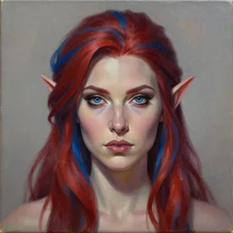 A detailed matte oil on canvas head on symmetrical portrait of a distinguished elven woman with red  and blue hair (((((makeup))))) by Charlie bowater and lise deharme wlop, trending on artstationhd,  dungeons and dragons art, critical role, split hair, half and half dye,  two tone