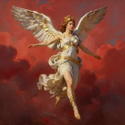 Sigourney weaver as goddess Athena, full body, Flying in a Red clouded Sky, by Alex Ross, atmospheric lighting, painted, intricate, golden hour, ultra detailed