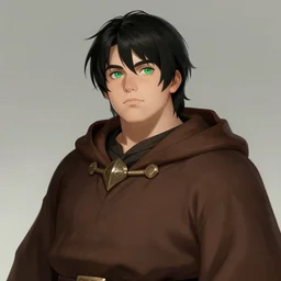portrait, 25 years old :: overweight fantasy mage :: green eyes, short black hair :: wearing a brown robe :: high detail, digital art, RPG, concept art, illustration