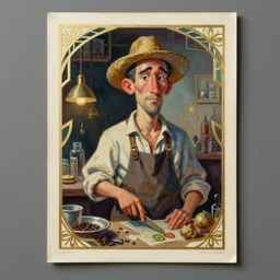 asset sheet, material study ( caricature ) shopkeeper ( hyperrealistic surrealist style cartoon oil paint on canvas art deco ) foreboding lighthearted
