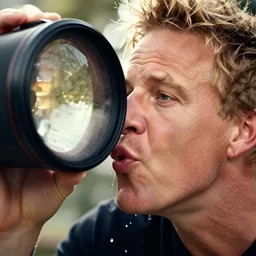 20mm pov photograph of gordon ramsey kissing the lens, big juicy lips, fog on lens, dripping spit, spit flecks, bokeh, cute gordon ramsay