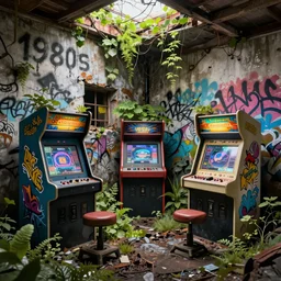 beautiful, stunning digital art of an abandoned 1980s arcade with graffiti on the walls and plants growing from the cracks with colorful arcade games. by marc simonetti, featured on artstation