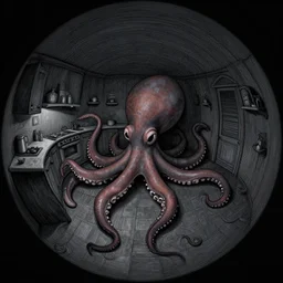 dark palette, fisheye spiral lines, naive, extra narrow, detailed illustration of a kitchen, large floor, octopus shaped by rhads from lorax movie, trending artstation, dark mythic fantasy
