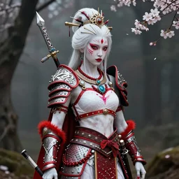 albino geisha warrior ornated viking armor war paint in the woods, detailed, smokey background, jewelry, sakura,photograph, award wining, red and white, trending on artstation, punk attitude, 4k, unreal engine 5, octane render, neon highlights