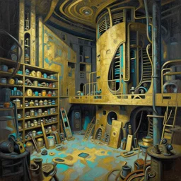 a hiper intricate oilpaint of a concept architecture art house solarpunk in the storeroom, style brutalism, gold and black turquoise ratio, extremely detailed, sharp focus, wide view, detailed rought paper, digital illustration, colorfull, by william turner art, by greg rutowski, by carl larson, by edmund dulac
