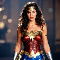 A studio photo of Rowan Atkinson as Wonder Woman, bokeh, 90mm, f/1.4 Shot in the Style of Mario Testino