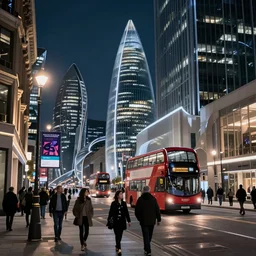 street view of futuristic london city at night by cyril rolando and naomi okubo and dan mumford and zaha hadid. advertisements. elegant lamps. double decker bus.
