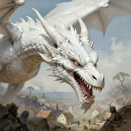 the head of an evil white dragon attacking a village, by Ciruelo Cabral, detailed, realistic, masterpiece