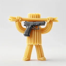 penne pasta with arms made of penne pasta carrying a glock-19, photorealistic