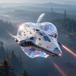 futuristic prism shaped warship spaceship designed by apple with laser cannons flying above the tundra forest art by greg rutkowski and paul ozzimo, epic fantasy sci - fi volumetric light clear focus detailed unreal engine digital art trending on artstation deviantart octane render,