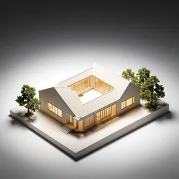 architectural model, isometric view, 3 d render, studio lighting, low contrast, brightly lit studio, highly detailed, a thick house with diagonally zig - zag plan and large windows, tree