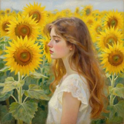 a girl in amazing tall sunflower field, her hair flowing down, subtle, intricate details, real masterpiece, oil on canvas, by johfra bosschart, felice casorati
