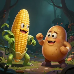 corn-monster vs potatoe-monster fight, epic digital art illustration, wide angle, masterpiece, outstanding detail, illustration, colorgrading, LUTs, dark mood